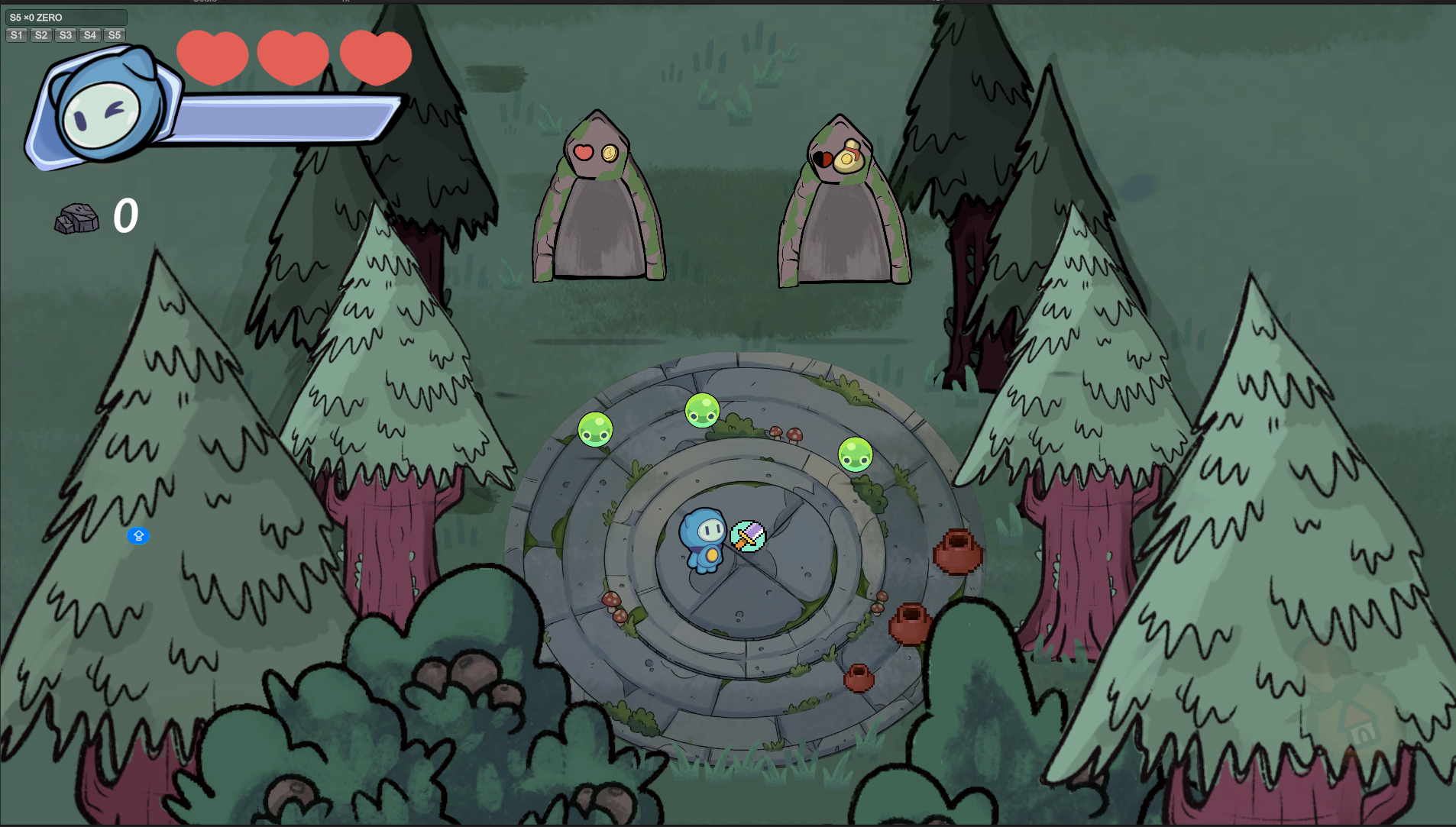 In-game sneak peek showing the Fosight mascot in a forest battle scene.