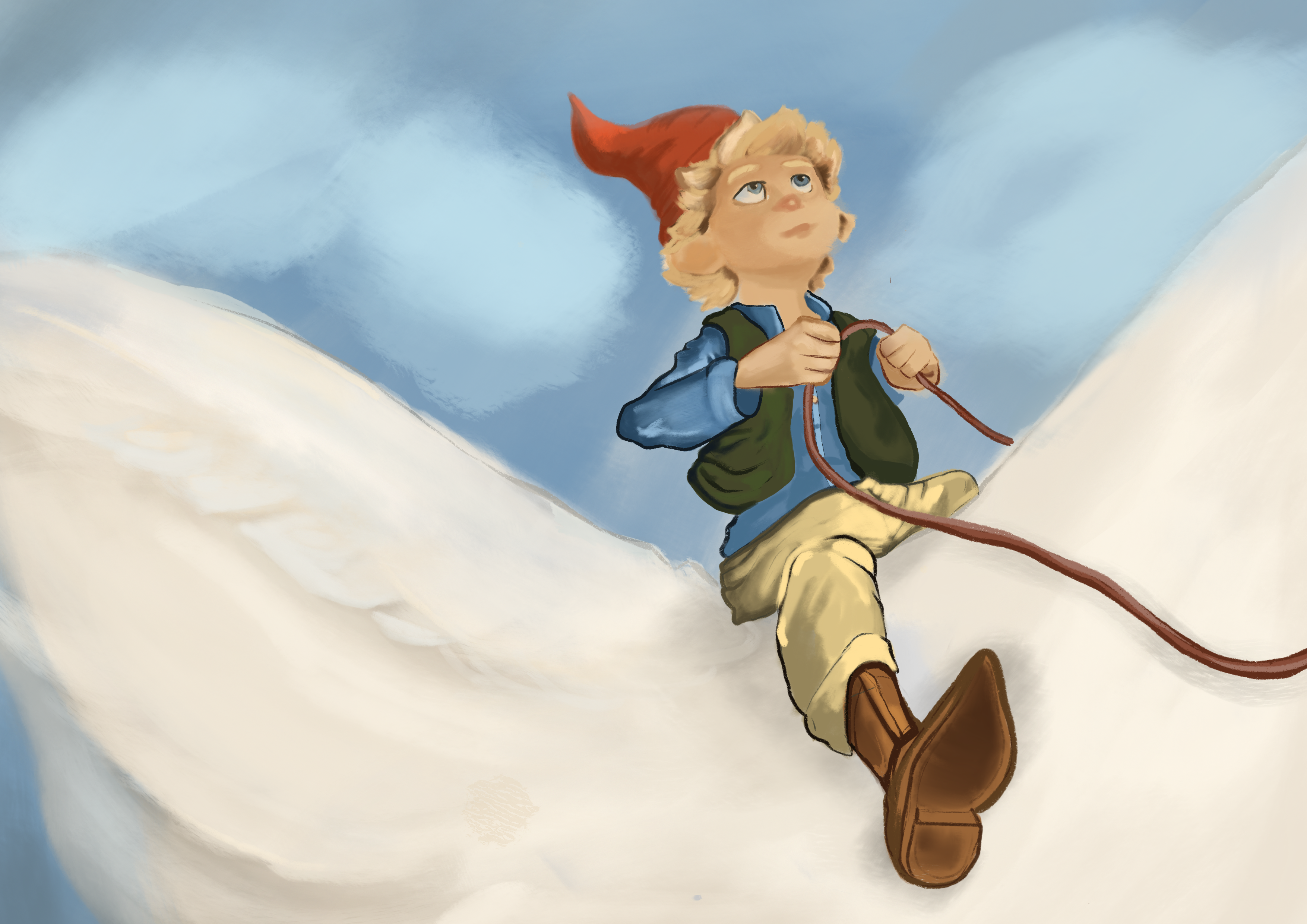 Warm daylight storybook painting of the rider on a flying goose.