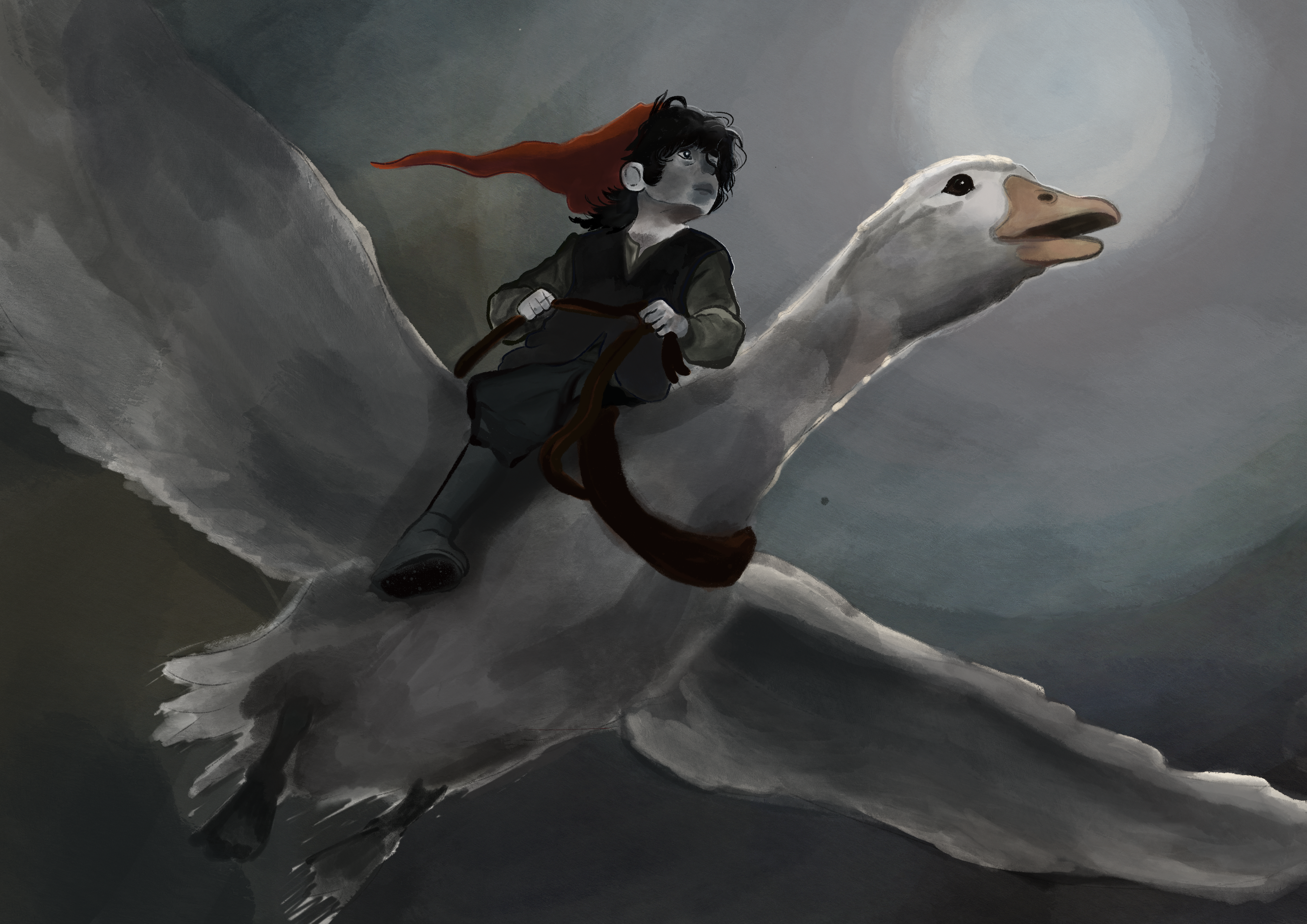 Painterly moonlit illustration of a rider on a flying goose.